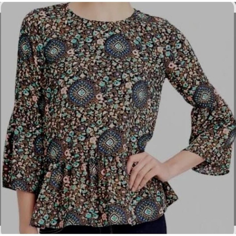 Womens J. Crew Floral Peplum‎ Bell Sleeves Eyelet Boho Top Shirt